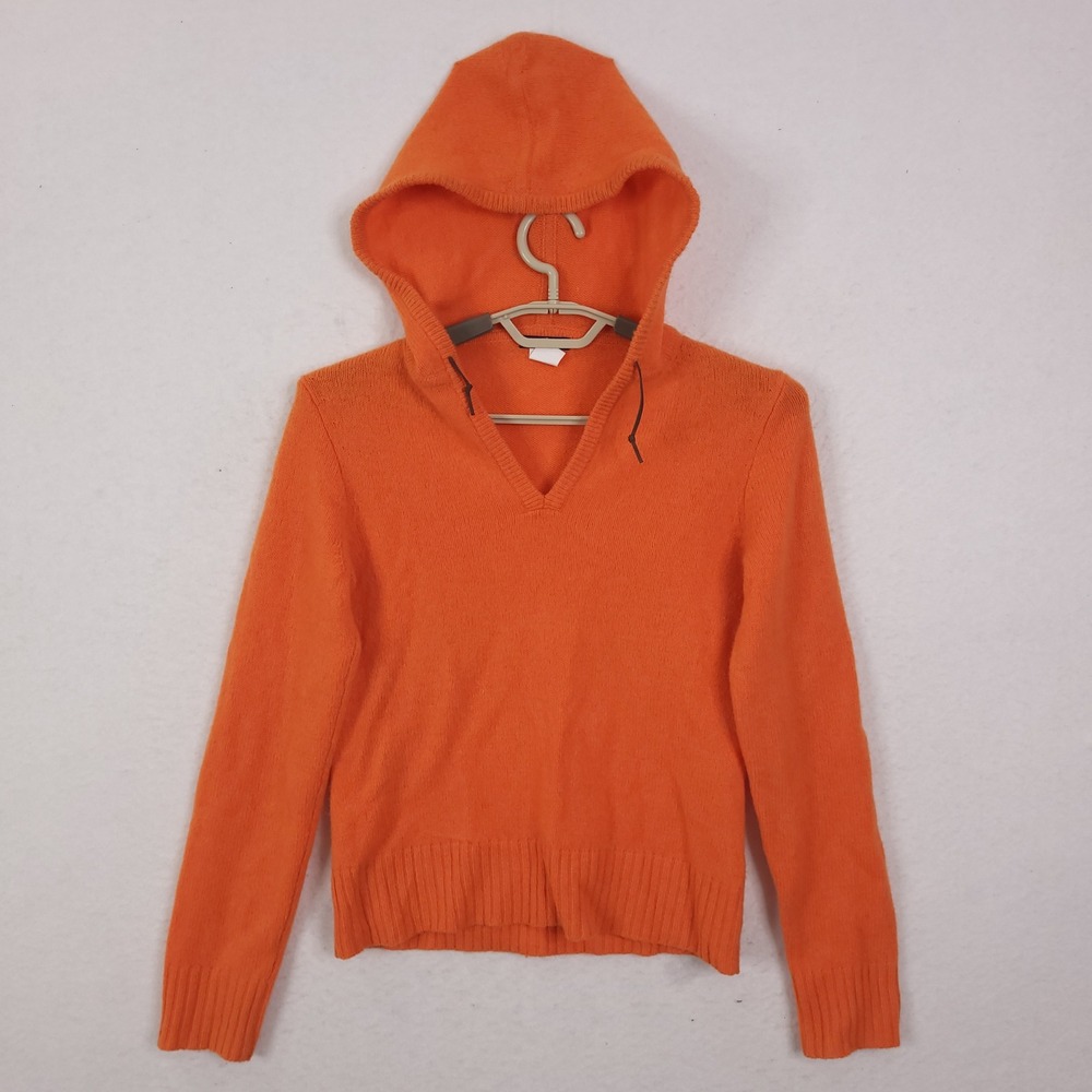 J.Crew Lambswool Hoodie Women S Orange V-Neck Knit Sweater Made in Japan RN77388